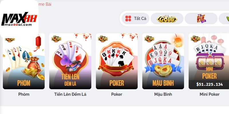 Top sảnh game bài Max88 thú vị